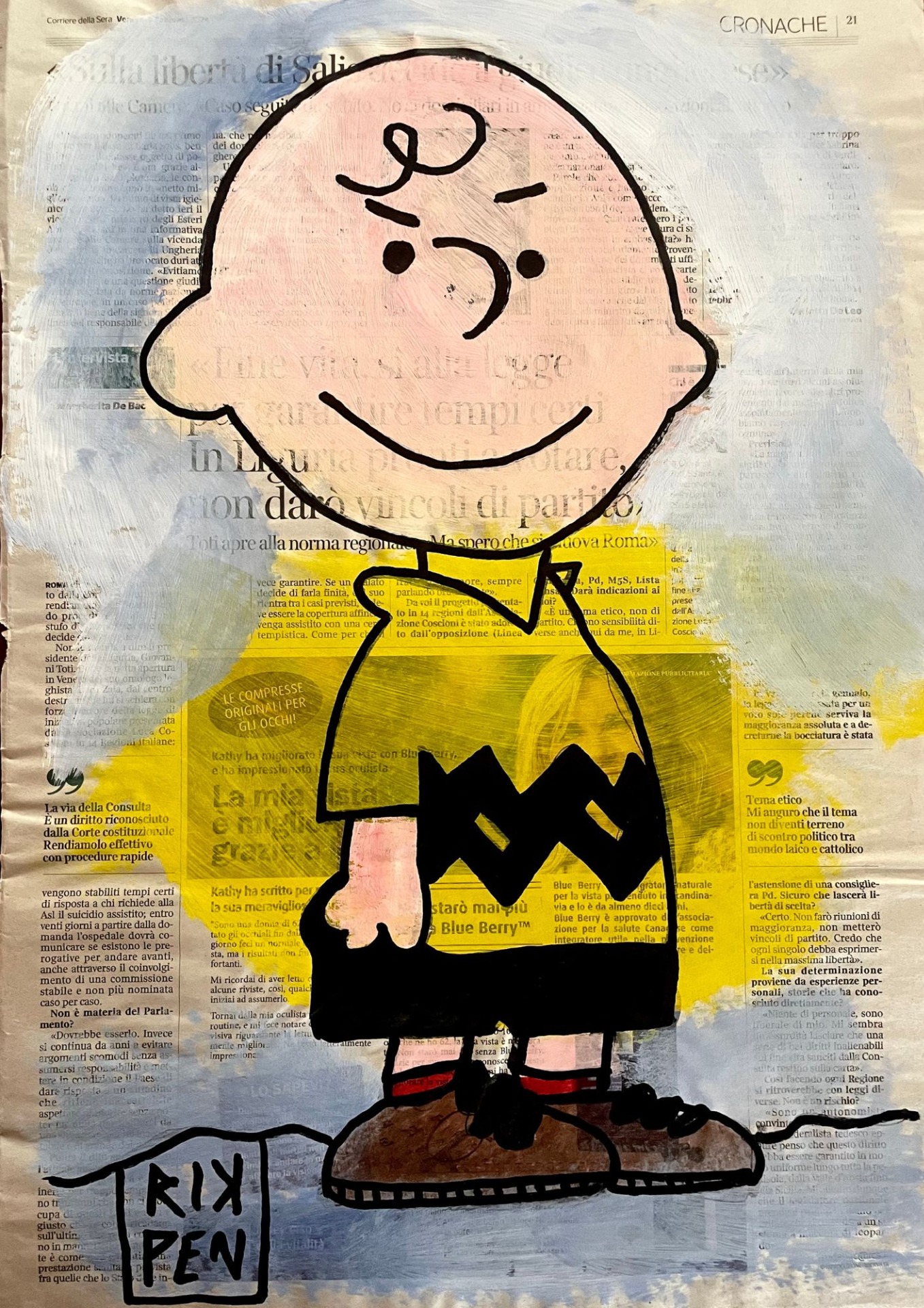 Opera su pagina di giornale di Pop Art Viva pittorica di RikPen: Charlie Brown