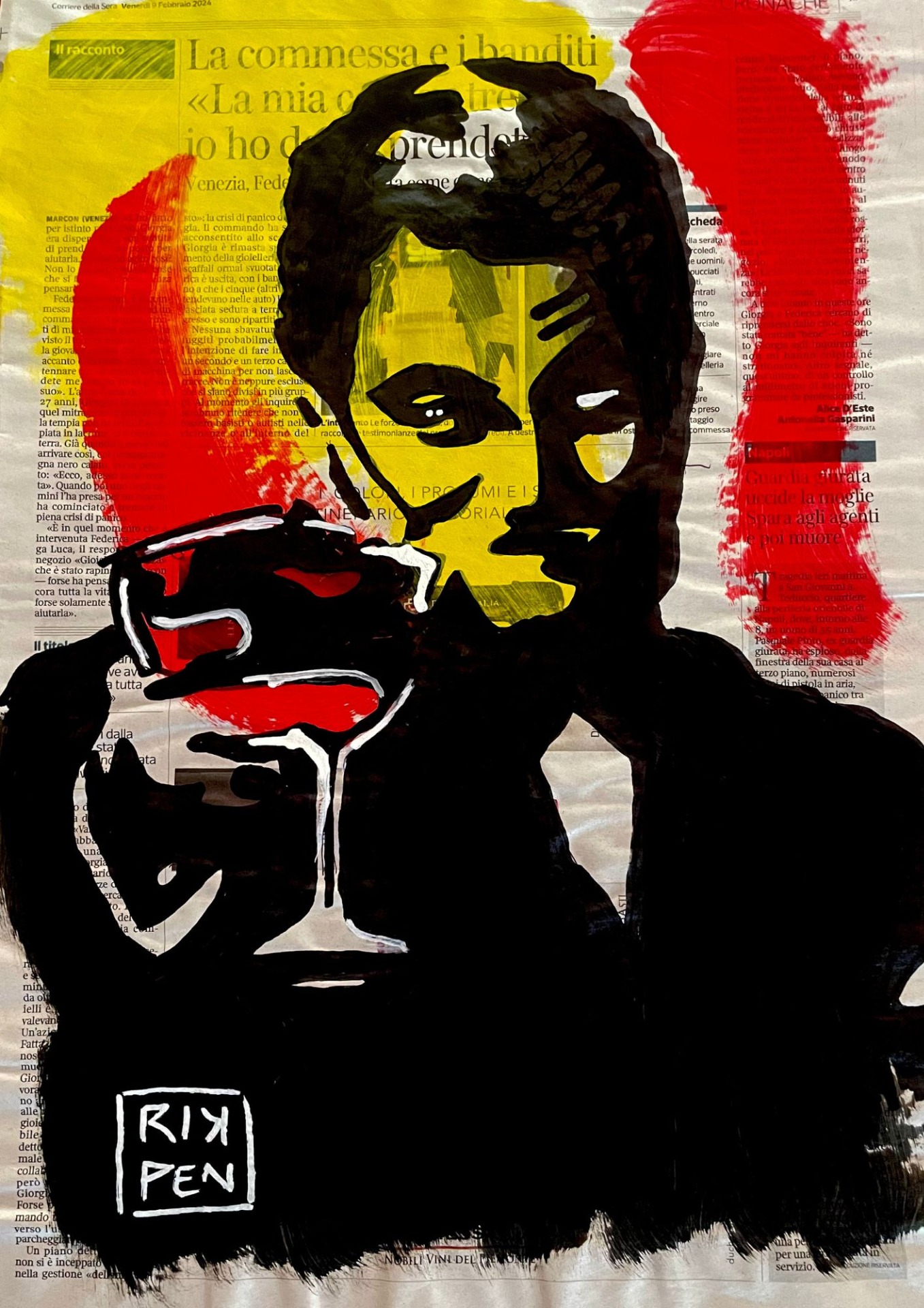 Opera su pagina di giornale di Pop Art Viva pittorica di RikPen: wall street leonardo di caprio