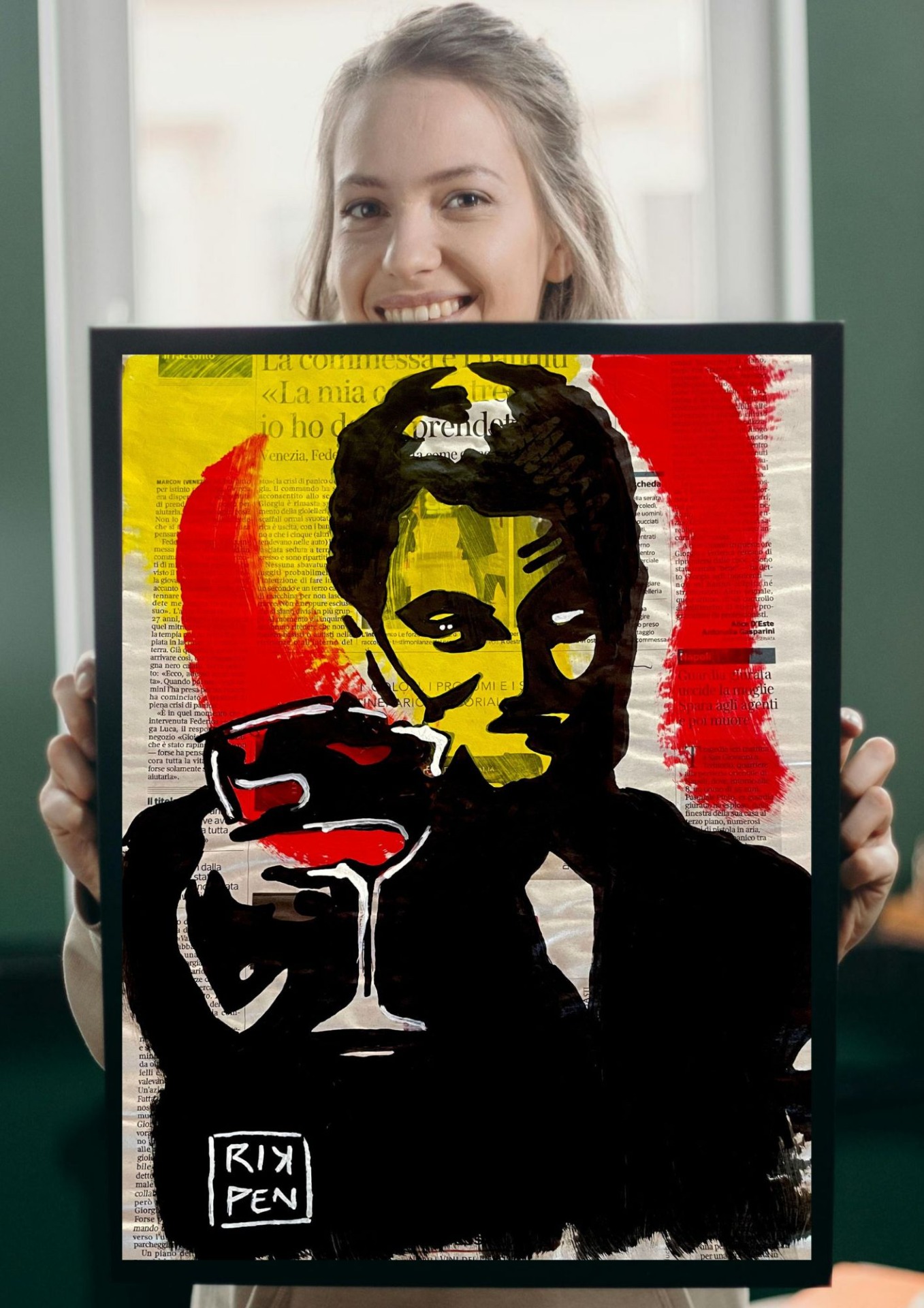 Opera su pagina di giornale di Pop Art Viva pittorica di RikPen: wall street leonardo di caprio