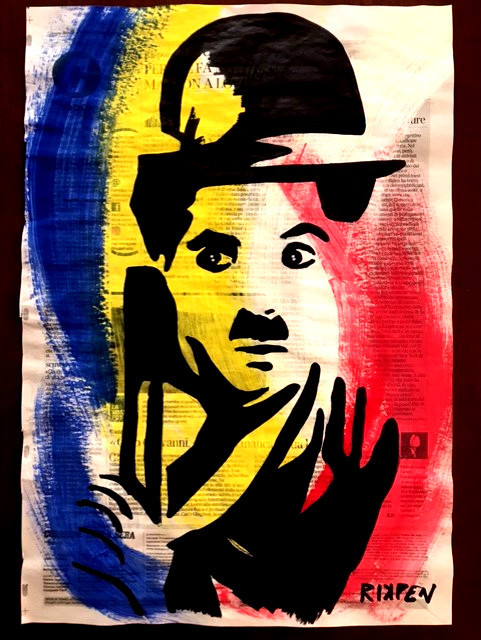 Opera su pagina di giornale di Pop Art Viva pittorica di RikPen: charlie chaplin
