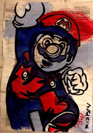 Opera su pagina di giornale di Pop Art Viva pittorica di RikPen: super mario